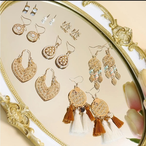 8 Pairs Boho Gold Embellished Drop Earrings Set - Picture 3 of 7